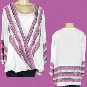 Jessica London +20W White Faux Wrap Print Border Trim 3/4 Bell Sleeve Blouse